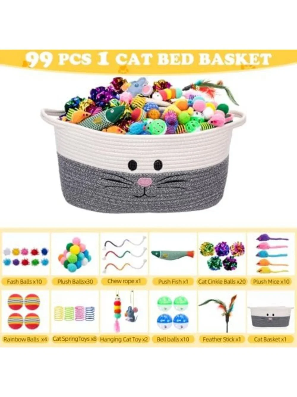 Colorful Cat Toy Set with Storage Basket - 100 Pcs Interactive Toys for Kittens